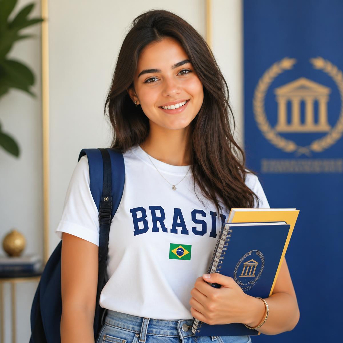 Estudante feliz preparada para o ENEM segurando livros
